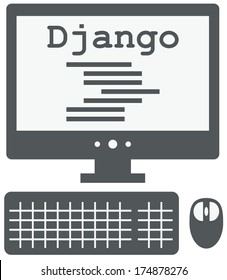 vector icon of personal computer with django code on the screen, isolated grey simple flat illustration on white background