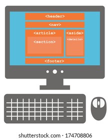 vector icon of personal computer with html5 layout on the screen, new tags, isolated simple flat illustration on white background