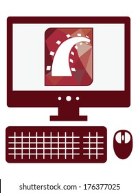 vector icon of personal computer with ruby on rails sign on the screen, isolated dark red simple flat illustration on white background