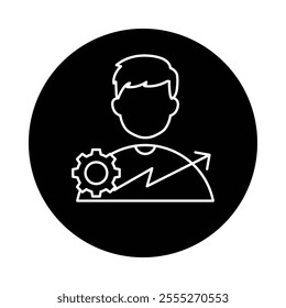  Vector icon for personal development. Outline icon showing a person with a gear and an upward arrow, representing growth, self-improvement, and skills enhancement.