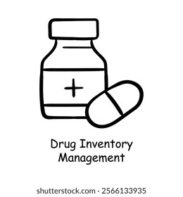 Vector icon for pharmaceutical inventory. Hand-sketched medicine bottle and tablet representing efficient drug supply management.