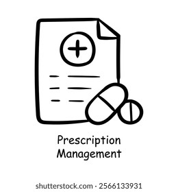 Vector icon for pharmacy prescription system. Hand-sketched paper and pill icon representing patient prescriptions and tracking.