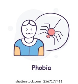 Vector icon for phobia. Hand-drawn illustration showing a person reacting to a spider, symbolizing fear or irrational anxiety.