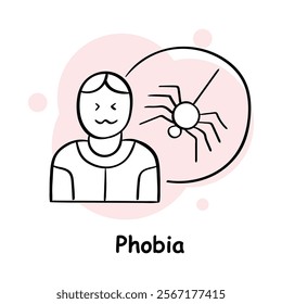 Vector icon for phobia. Hand-drawn illustration showing a person reacting to a spider, symbolizing fear or irrational anxiety.