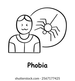 Vector icon for phobia. Hand-drawn illustration showing a person reacting to a spider, symbolizing fear or irrational anxiety.