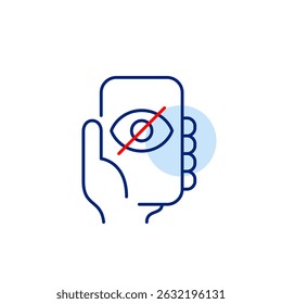 Vector icon of phone in hand with crossed-out eye, symbolizing private calls, hidden communication, or restricted phone access. Ideal for messaging apps, privacy settings, and security tools