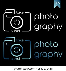 Icono vector de la cámara fotográfica con estilo de contorno. Blanco sobre fondo negro. Logo para la escuela de fotógrafos de estudio. 