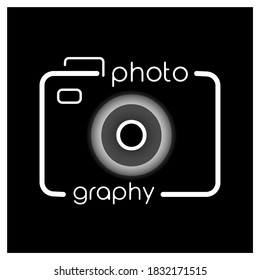 Vector icon of photo camera in outline style. White on black background. Logo for photographer school or studio. 