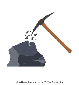 Vector icon of a pickaxe and a cracked stone in a flat style. The concept of mining.