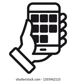 Vector icon pictogram. Hand with mobile phone. Black-and-white. pay mobile, learn with app. e-learning.