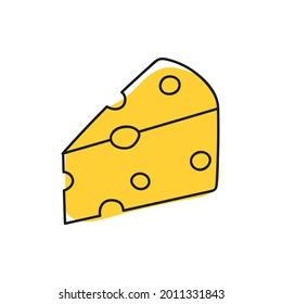 Vector icon of a piece of cheese with holes drawn hand. Illustration in cartoon style. 
