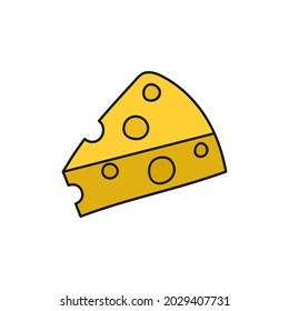 Vector icon of a piece of cheese with holes drawn hand. Illustration in cartoon style. 