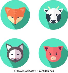 Vector icon: pig, cat, cow and fox.  Flat design. Art can be used for logos, web-design, wallpaper, poster, postcard, icon, animal print.