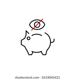 Vector icon of piggy bank with crossed-out eye, symbolizing hidden savings, private finances, or restricted access. Ideal for banking apps, budgeting tools, and financial privacy settings
