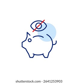 Vector icon of piggy bank with crossed-out eye, symbolizing hidden savings, private finances, or restricted access. Ideal for banking apps, budgeting tools, financial privacy settings