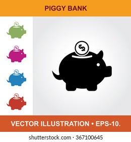 Vector Icon Of Piggy Bank With Title & Small Multicolored Icons. Eps-10.