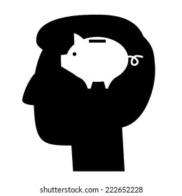 vector icon of piggy money bank in head in brain | modern black flat design pictogram isolated on white background