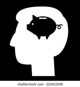 vector icon of piggy money bank in head in brain | modern white flat design pictogram isolated on black background