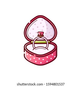 Vector icon of a pink box with an engagement ring and a heart-shaped diamond. A gift for Valentine's Day, birthday, wedding proposals. An isolated object on a white background. Linear style