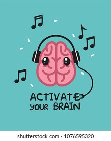 Vector Icon pink Brain with eyes. Stock Illustration  brain clipart. Text: Activate your brain. Image pink music brain