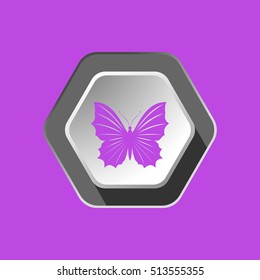 Vector icon of pink butterfly silhouette on the hexagon gradient gray background with shadow.