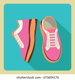 vector icon pink gym sneakers on side and front view over isolated flat with long shadow.