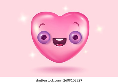 Vector icon of pink heart with cute kawaii face for Valentine's Day in realistic 3d style. Vector realistic banner with cute heart on pink background.