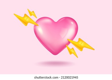 Vector icon of pink heart with lightning for Valentine's Day in realistic 3d style. Vector realistic banner with heart on pink background.