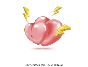 Vector icon of pink heart with lightning for Valentines Day in realistic 3d style. Vector realistic banner with heart on pink background.