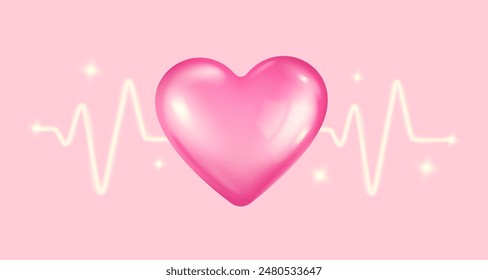 Vector icon of pink heart with pulses for Valentine's Day in realistic 3d style. Vector realistic banner with heart and pulse on pink background.