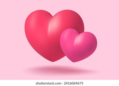 Vector icon of pink heart for Valentine's Day in realistic 3d style. Vector realistic banner with heart on pink background.