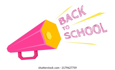 Vector icon of pink megaphone with text of back to school on white background. Banner with retro loudspeaker for back to school.