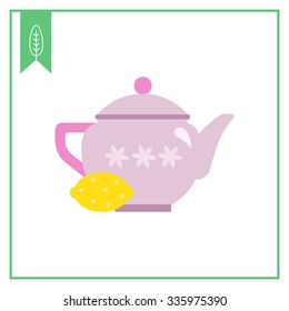 Vector icon of pink teapot with flower ornament and lemon