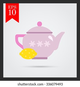 Vector icon of pink teapot with flower ornament and lemon