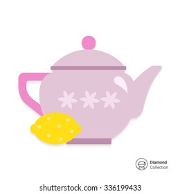 Vector icon of pink teapot with flower ornament and lemon