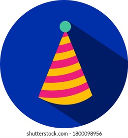 Vector icon with pink and yellow birthday hat, cap. Cute vector icon. Birthday hat icon. Birthday icon. Celebration sign. Vector sign/symbol. Vector illustration.