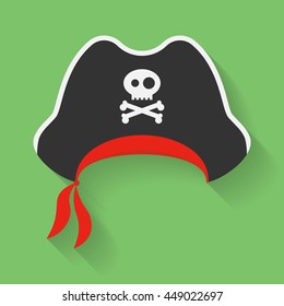 Vector Icon of Pirate Hat with a Jolly Roger symbol. Filibuster, corsair headdress with sign, emblem of crossed bones or crossbones and skull.