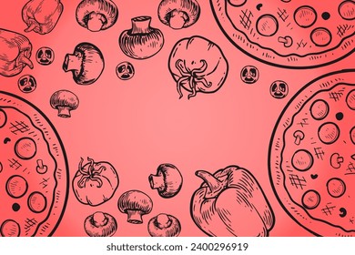 Vector icon for pizza ingredients and vector pizza motif pattern.