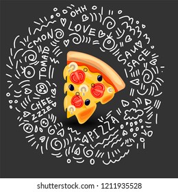 Vector Icon of Pizza Margarita, Classic Italian Food. Hot Slice of Pizza Margarita with Melted Cheese, Tomato, Mushrooms and Olives. Colorful Isolated Illustration of slice of pizza with doodle decor