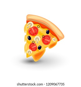 Vector Icon of Pizza Margarita. Concept of Classic Italian Food. Hot Fresh Slice of Pizza Margarita with Melted Cheese, Tomato, Mushrooms and Olives. Colorful Isolated Illustration of Appetizing Food.