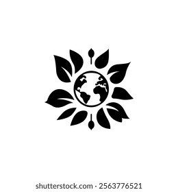 Vector icon of planet with leaves logo. Planet ecology icon vector. Earth biosphere preservation logo. Black icon of leaves around the earth. Nature protection vector icon.