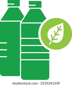 Vector icon of plastic free. Green bottles with a leaf, symbolizing the reduction of plastic waste.