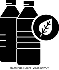 Vector icon of Plastic Free. Two bottles with a leaf symbolizing products that are free from plastic. Ideal for campaigns promoting eco-friendly and sustainable packaging.