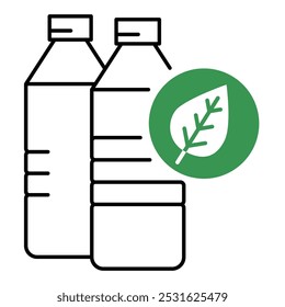 Vector icon of Plastic-Free water bottles with green leaf symbol. A simple line drawing of water bottles with a green leaf, representing plastic-free packaging and sustainability.