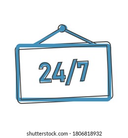 Vector icon plate 24/7 hours. Time icon. Business concept pictogram cartoon style on white isolated background.