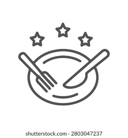 Vector icon of a plate with a fork and knife and three stars above it, representing a highquality dining experience, restaurant rating, or gourmet food service