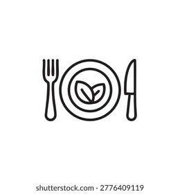 Vector icon of a plate with leaf, fork and knife on white, symbolizing vegan or vegetarian cuisine