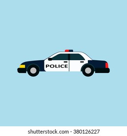 Vector icon police car in flat style isolated. Cartoon emergency vehicle. Urgency sign