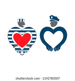 Vector icon of a policeman and a prisoner. Funny positive illustration for the day of hugs, and Valentine's day. Concept of love. Promotion of tolerance.
