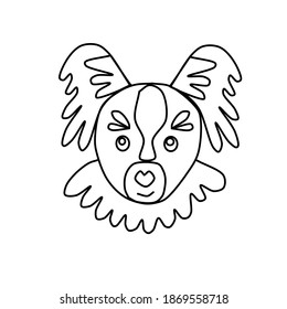 Vector icon portrait of a small dog drawn in the style of doodles. Cute Papillon dog logos. Vector illustration in cartoon style. Outline drawing